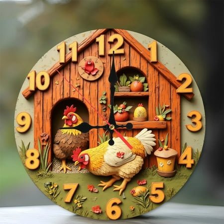 Rustic Hen House Coop Clock Wall Decor Farmhouse Chic 10-Inch Silent Wooden Wall Clock, Battery Operated (AA Batteries Not Included), Artistic Home Decor