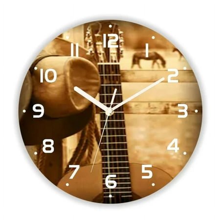 Rustic Western Cowboy Wall Clock for Farmhouse Old American Country Music Large Round Watch LIving Room Kitchen Home Decor