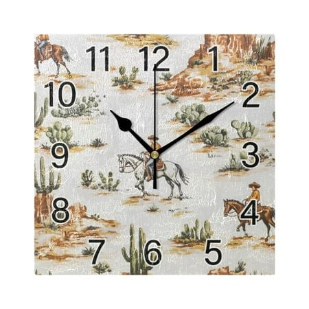 Ryvnso Western Cactus Pattern Wall Clock Square Silent Non-Ticking Battery Operated 7.78