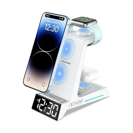 Saluqifa 4 in 1 Wireless Charger with Alarm Clock,Wireless Charging Station for Multiple Devices,Charging Stand Dock for iPhone 16 15 14 13 12 11 Pro Max Series,Apple Watch, AirPods Pro 4/3/2
