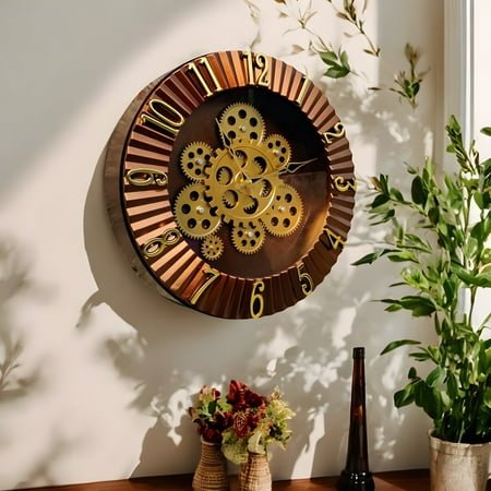 SAW Rustic-Quartz – 14 Silent Moving Gear Wall Clock with Glossy Brown Finish, Modern Rustic Decor for Living Room, Office & Gift Ideas