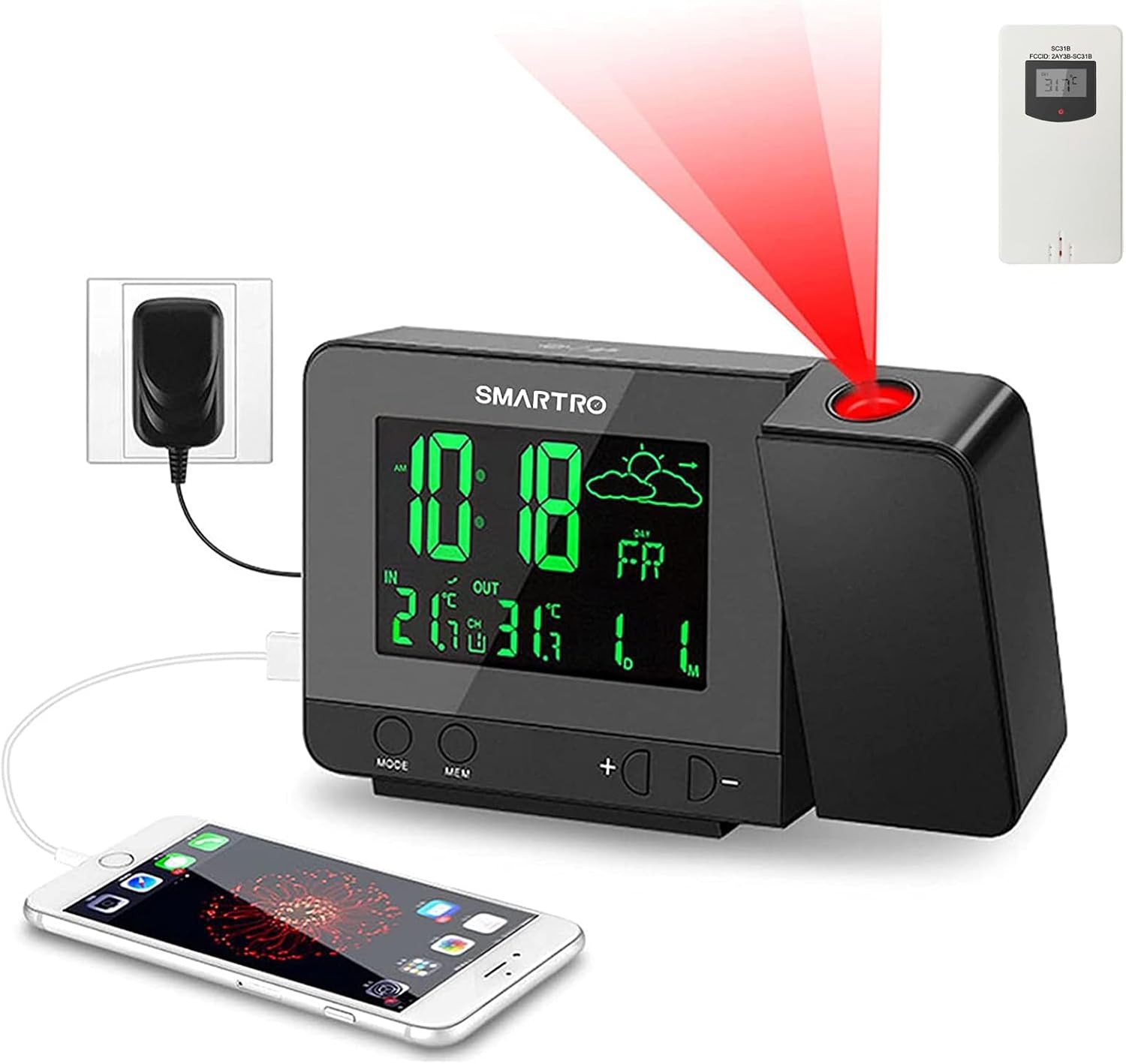 SC31B Digital Projection Alarm Clock with Weather Station, Indoor Outdoor Thermo