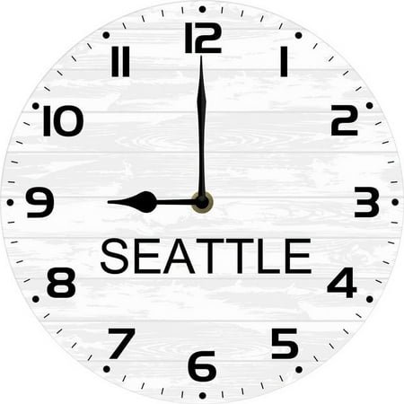 Seattle TIME Wall Clock World Time Zone Clock Office Business 10 Inch Silent Wood Clocks for Living Room, Home, Bathroom, Kitchen Battery Operated Non Ticking Easy to Read