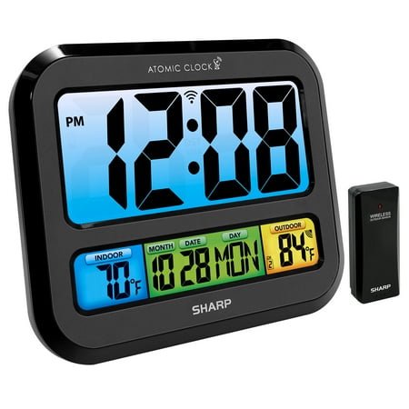 Sharp Atomic Clock with Bright Color Display, Atomic Accuracy, Jumbo 3 Easy to Read Numbers - Indoor/ Outdoor Temperature Display with Wireless Outdoor Sensor, AC or Battery Powered