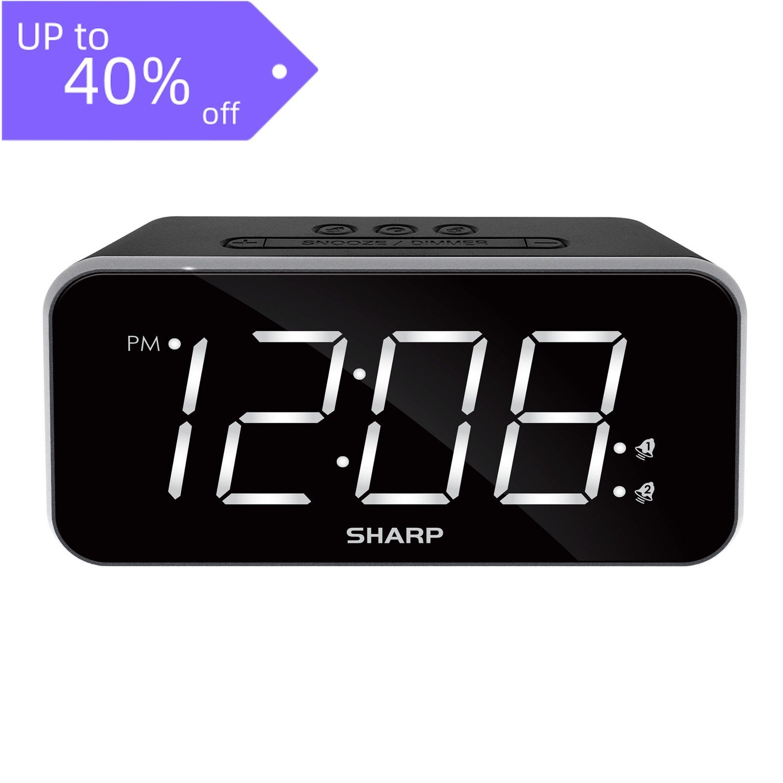 Sharp Jumbo 1.8" White LED Alarm Clock - Dual Alarm, Black Case