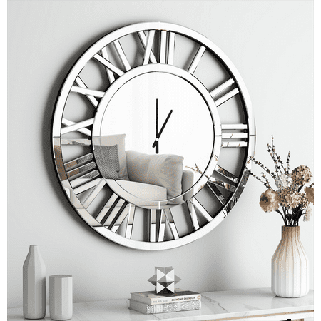 SHYFOY 18 inches Round Wall Clock for Home Decor,Silver Mirrored Wall Decorative Clocks for Living Room, Office