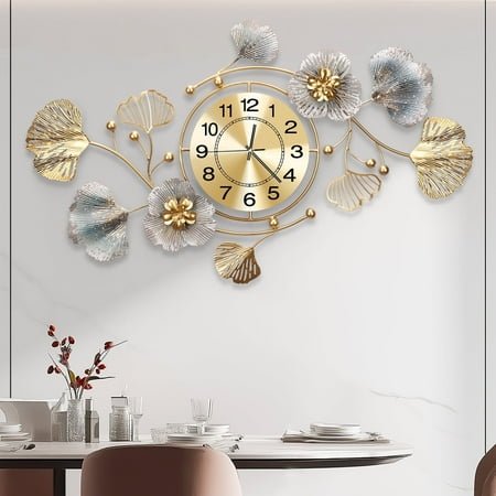 Silent Wall Clock, 3D Metal Ginkgo Leaf Design, Modern Home Decor, Non-Ticking for Living Room, Gift-Ready Packaging
