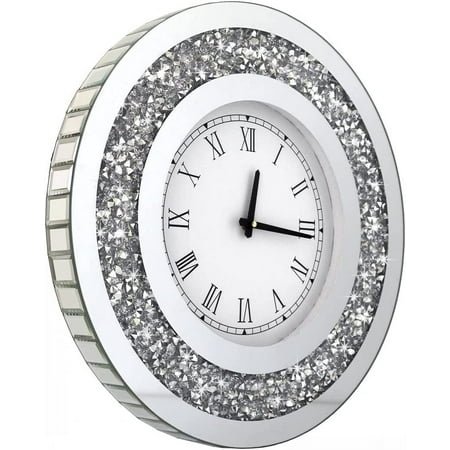 Silver Round Mirror Clock 20x20inches Crystal Sparkle Twinkle Bling Crush Diamond Mirrored Large Wall Clock for Wall Decoration Silver Glass Mirror Home Décor. AA Battery is not Included.