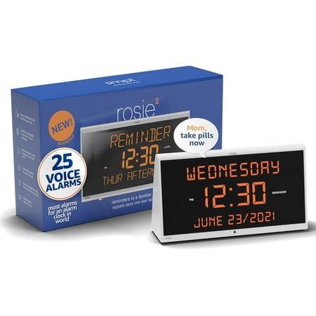 Simpl Rosie Reminder Large Display Talking Alarm Clock – 25 Personalized Voice Reminders, Dementia & Alzheimer’s Friendly, Voice Activated Clock for Seniors, Audible up to 100ft (Rosie 2)