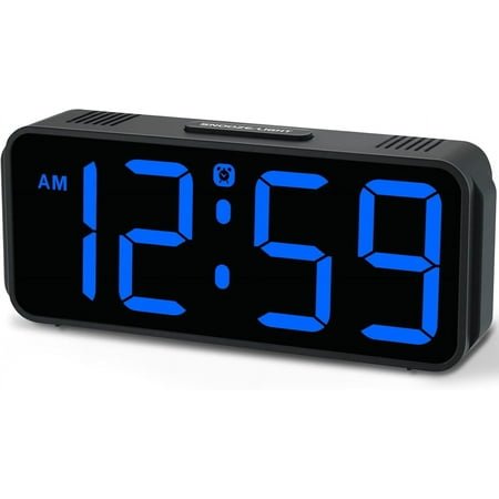 Small Digital Alarm Clock Plug in for Bedrooms Bedside, Tiny Electric Clock Large Big Numbers Display with Battery Backup for Desk Table, 6 Dimmers, 5 Adjustable Alarm Volumes (Blue)