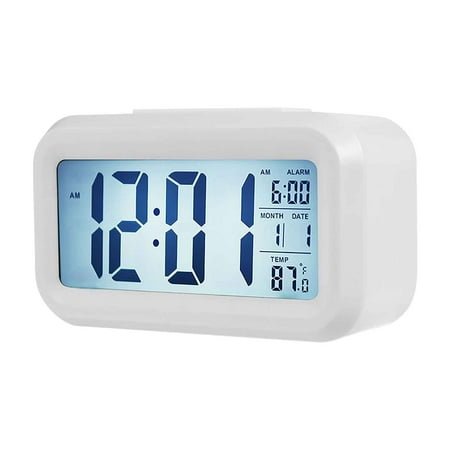 Smart Digital Alarm Clock with Temperature Display, Light Sensor, Silent Operation, Snooze Function, Large LCD Screen, Auto-Dimming Backlight, Portable Desk Clock for Office, Students, White