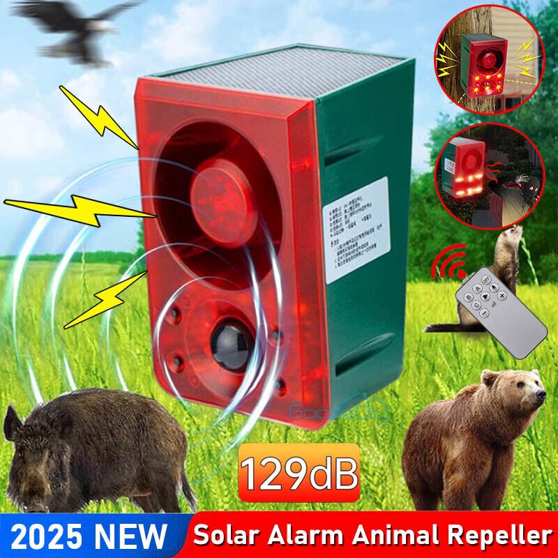 Solar Sound & Light Alarm Motion Sensor 129dB Outdoor Dog Barking Security Siren