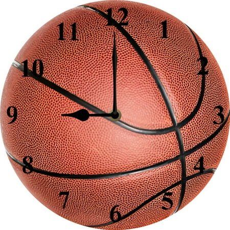 Soliyoahee Silent No Tick Sports Theme Wall Clock 10inch Wooden Round Basketball Pattern Wall Clock Battery Powered Suitable for Home Decoration Boys Room Living Room School Birthday Gift
