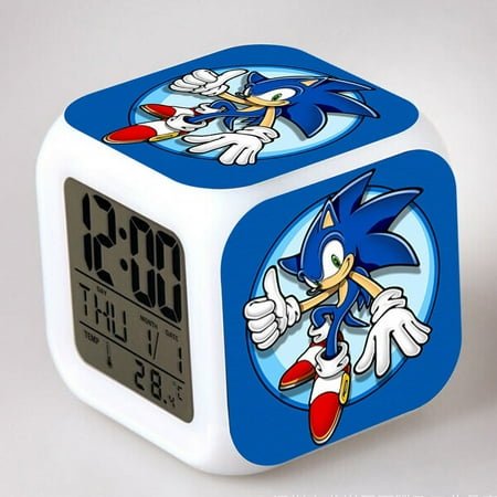 Sonic the Hedgehog Silent LED Alarm Clock - 8x8x8cm Kids' Night Light with Date/Temperature Display (No Battery Included) - Color-Changing 7-Color Clock for Bedroom & Desk