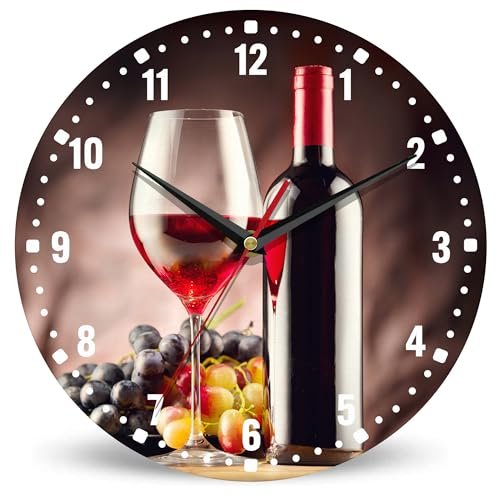 SPUNKER Wall Clock,Red Wine Grapes Wall Clocks for Living Room Decor,Glass Fruit Kitchen Clocks Wall Battery Operated - 10 Inch Round Bathroom Wall Clock Silent Non-Ticking