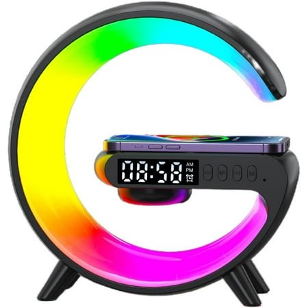 Sunrise Alarm Clock Wake Up Light with 15W Wireless Fast Charging& Bluetooth Speaker, Bedside Lamp Dimmable Table Lamp for Bedroom Bedside Dorm Office, Kids Adults Gift(Black)