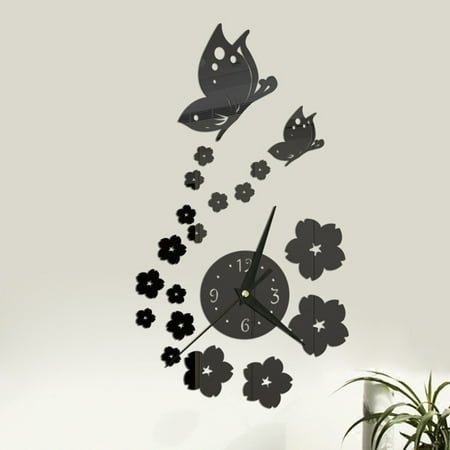 sunsanly 1 Set Wall Clock Self-adhesive Battery Operated Long Pointer 4 Numbers Silent 3D Mirror Butterfly Plum Blossom Art Clock Home Decor
