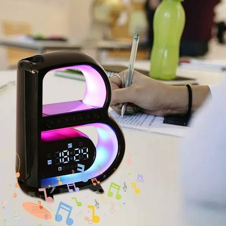 Taicans Bluetooth Speaker Wireless Phone Charger Station,B Shaped Music Lit Lamp,Magnetic 5 in 1 Speaker Alarm Clock with Wireless Charger,RGB Night Light for Bedroom,office,Home Decor Black