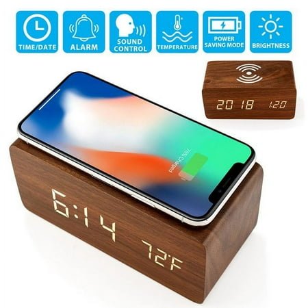 TBWYF Wooden Wood Alarm Clock Qi Wireless Charging LED Sound Control Time Date Temperature Brown