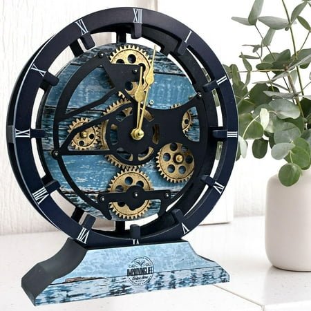 The Gears Clock 10 Inches with Rotating Gears, Convertible Desk or Wall Clock, Vintage Steampunk Design for Living Room Office Decor, Aqua Green