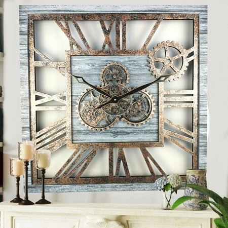 THE GEARS CLOCK Wall Clock with Real Moving Gears AM-LI_ 24 in Square Silver-Grey