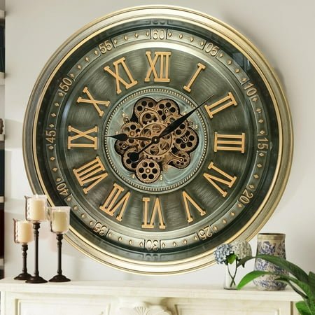 THE GEARS CLOCK Wall Clock with Real Moving Gears IR-LI_ 36 in Round BRASS-ANTIQUE
