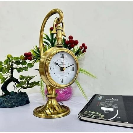 Thomson Handicraft Antique Brass Finish Stainless Steel Desk Clock, Large Dial with Roman Numerals in Brown Gold
