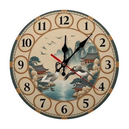 Traditional Chinese landscape with birds and mountains, with brown numbers. 9.8 - inch decorative silent wall clock