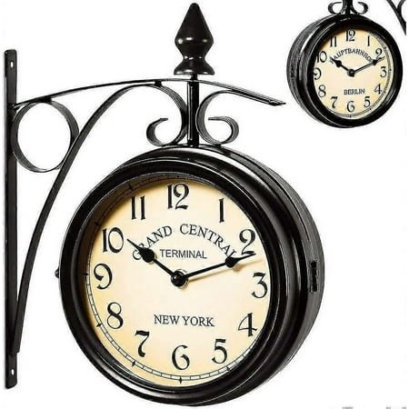 Two Sided Train Station Wall Clock Black Vintage Design Clock Watch