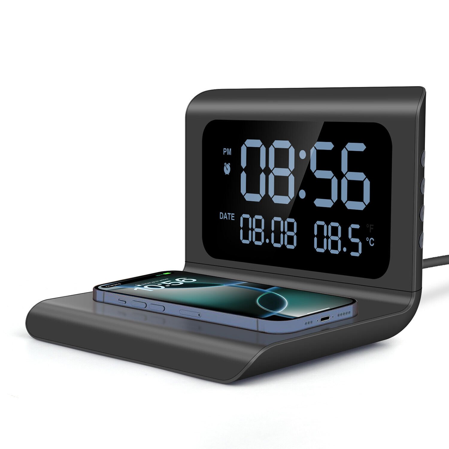 US 15W LCD Wireless Charger Dock Charging Station with Alarm Clock Thermometers