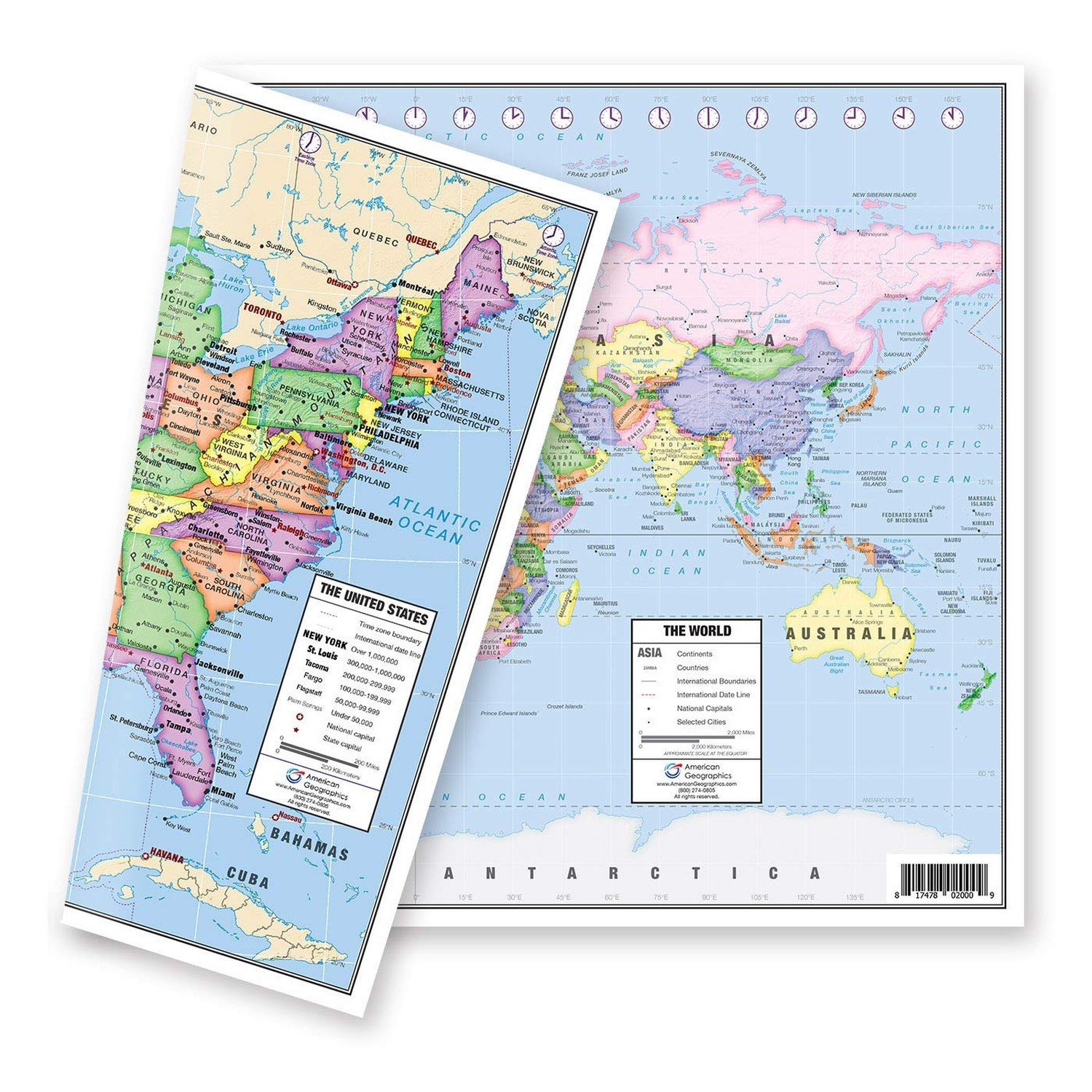 US and World Desk Map (13" x 18" Laminated) for Students, Home or Classroom U...