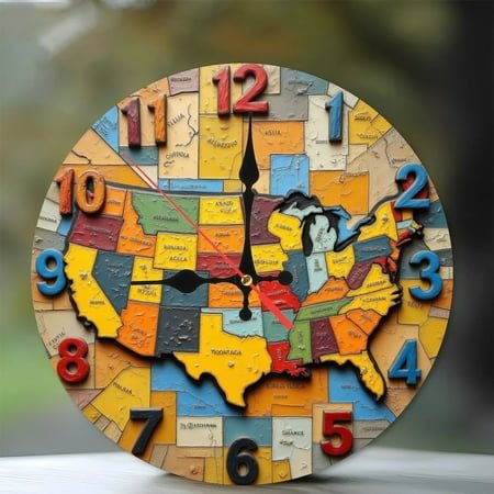 US Map Wall Clock 2D Colorful Design Decor 10-Inch Silent Wooden Wall Clock, Battery Operated (AA Batteries Not Included), Artistic Home Decor