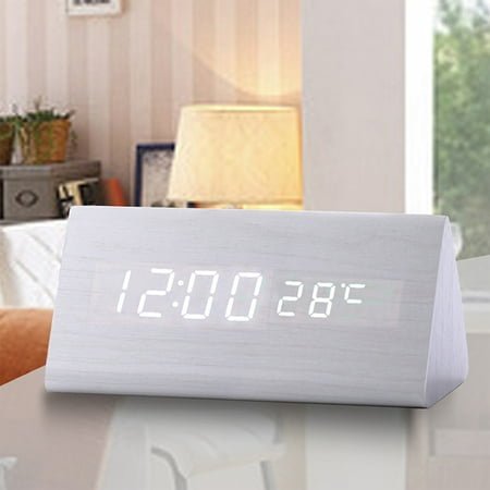 VBXOAE Modern Digital LED Wood Wall/Desk Clock with 3 Alarm Settings,Temp & Humidity Display,Timer,Date,24H,USB Charging,for Living Room or Office,White