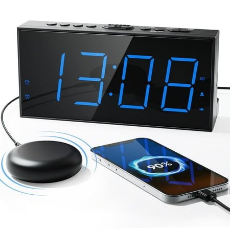 Vibrating Alarm Clock with Loud Buzzer and Bed Shaker, Dual Alarm for Heavy Sleepers Deaf or Hard of Hearing, Large 7.5’’ LED Display, USB Charger, Dimmer, Battery Backup, Black