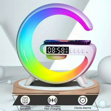 Vikefon Bluetooth 5.3 Speaker with RGB Lights, 15W Wireless Charging Station for IPhone/Samsung/AirPods, Digital Alarm Clock with Temperature Display (White)