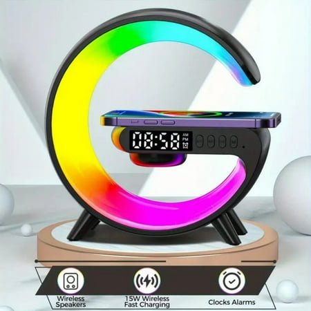 VIKEFON Bluetooth 5.3 Speaker with RGB Lights, 15W Wireless Charging Station for iPhone/Samsung/AirPods, Digital Alarm Clock with Temperature Display