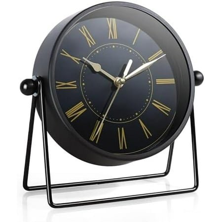 Vintage Black Metal Desk Clock,Battery Operated Mantel Clocks, Decorative Table Clocks with Adjustable Angle for Fireplace Farmhouse Shelf Living Room Décor (Black/Gold)