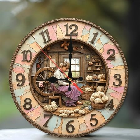 Vintage Cottagecore Spinning Wheel Wall Clock 10-Inch Silent Wooden Wall Clock, Battery Operated (AA Batteries Not Included), Artistic Home Decor