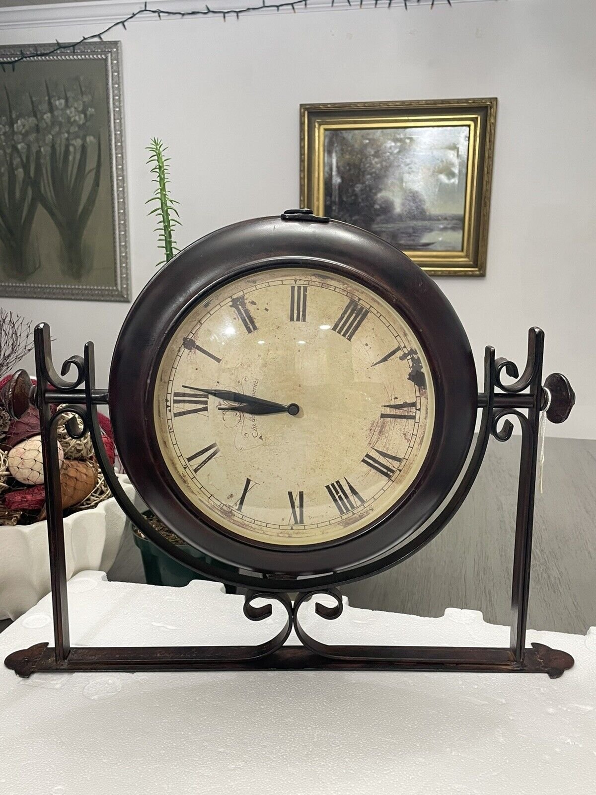 Vintage Double Sided Hanging Wall Clock Wrought Iron Antique