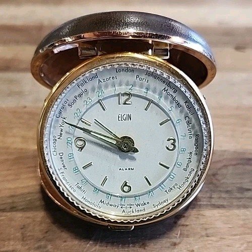 Vintage Elgin World Time Travel Alarm Clock Round Clam Shell Japan WORKS