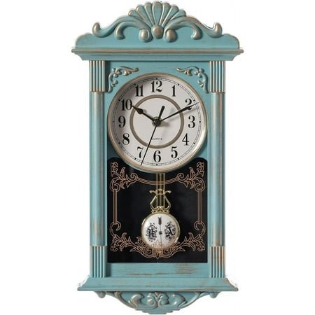 Vintage Grandfather Wood-Looking Plastic Pendulum Decorative Battery-Operated Wall Clock, for Office, Home Decor, Living Room, Kitchen, or Dining Room, Blue with Gold Distressed Design