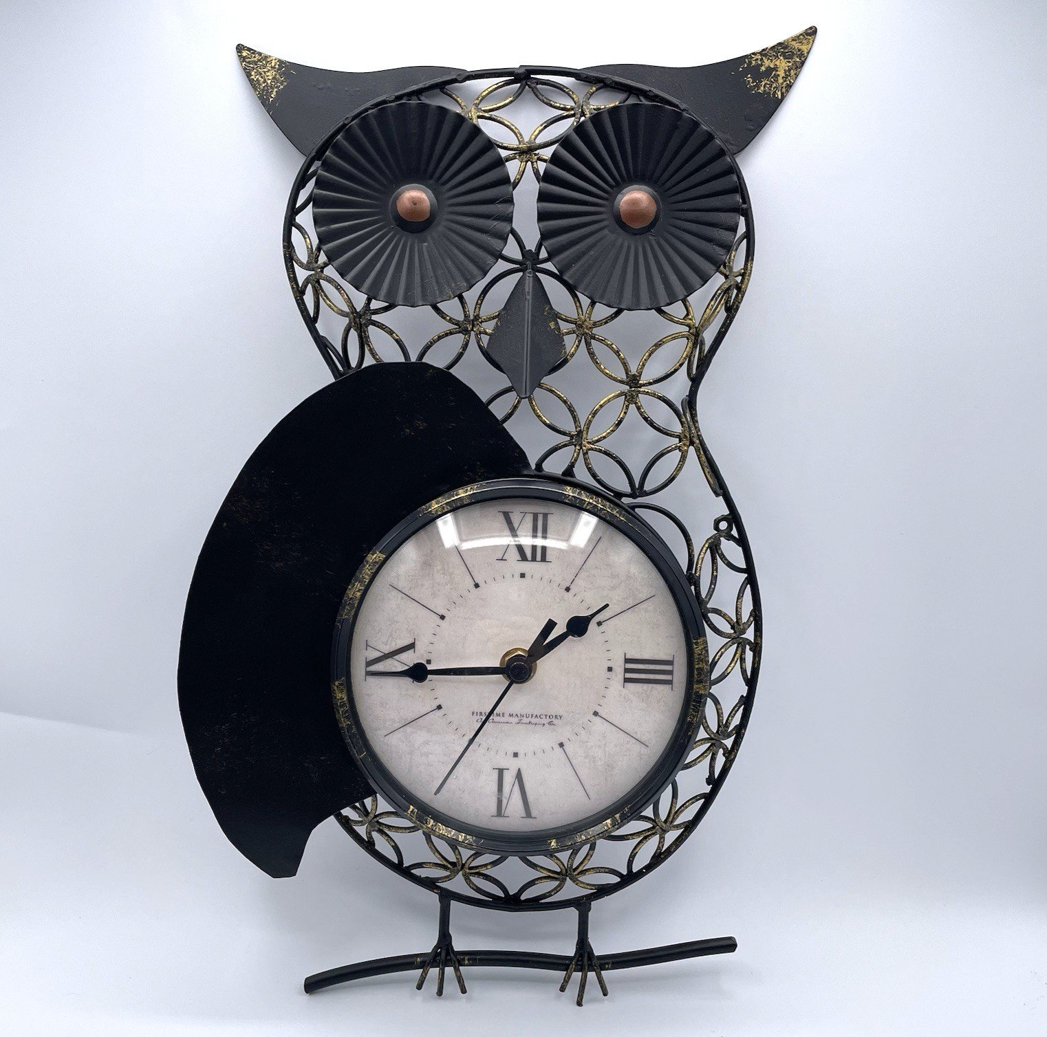 VTG 1970s Owl Wall Clock – Sculptural Metal Wire Wall Art Boho MCM Decor – Works