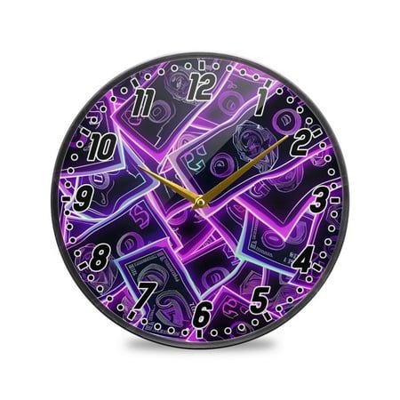 Wall Clock Battery Operated Non-Ticking Silent for Living Room Bedroom Kitchen Office Decor Neon Dollar Bills 9.5