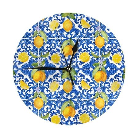 Wall Clock, lemons Sicilian traditional print Wall Clocks Battery Operated Silent Kitchen Office Wall Clock Decorative, Wall Clock for School Classroom Living Room Bedroom Home Decor