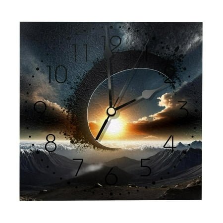 Wall Clocks, Solar Eclipse over Mountain Battery Operated Number Clock for Bedroom Living Kitchen Office Home Decor Silent & Non-Ticking