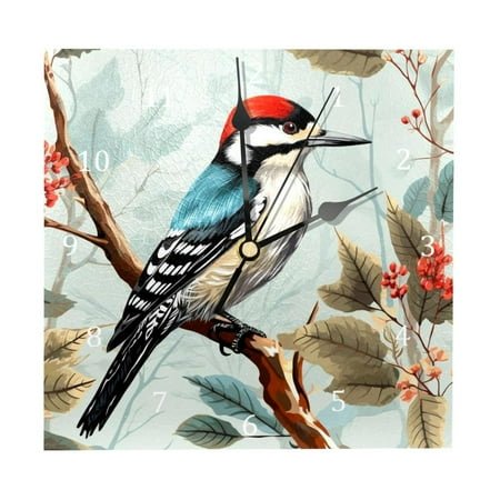 Wall Clocks, Woodpecker Bird on Red Berries Branch Battery Operated Number Clock for Bedroom Living Kitchen Office Home Decor Silent & Non-Ticking
