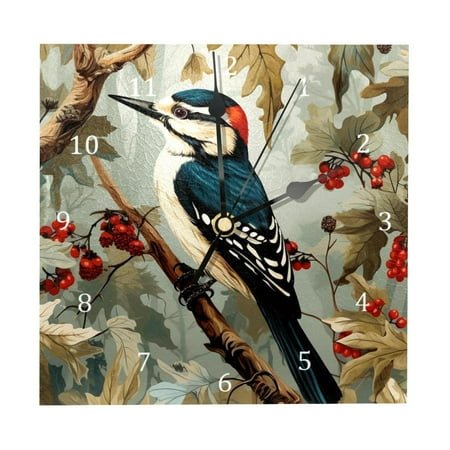 Wall Clocks, Woodpecker Bird on Red Berries Branch Battery Operated Number Clock for Bedroom Living Kitchen Office Home Decor Silent & Non-Ticking