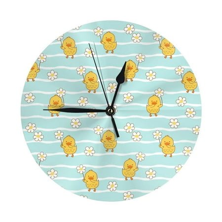 Wall Clock Wavy Pattern Cute Duck Daisy Wall Clocks Battery Operated, Modern Wall Clock for Bedroom, Classroom, Living Room, Office, Home Decor