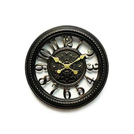 WazStone Royal Dark Iron Chevalier Emblem Wall Clock, NonTicking Sweep Movement, Classic Antiquity European Style, Hollow Frame Design, Brushed Metallic Texture, Plastic Frame, Glass Front Black C80