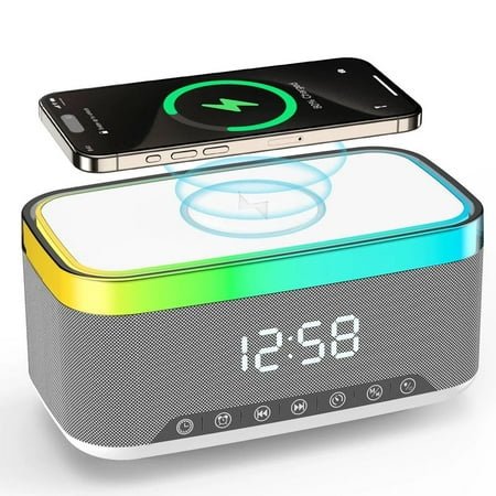 Wireless Charging Alarm Clock Radio: Fast Wireless Charger for iPhone and Samsung - 10W Stereo Bluetooth Speaker - Dimmable Digital Clock for Bedroom.